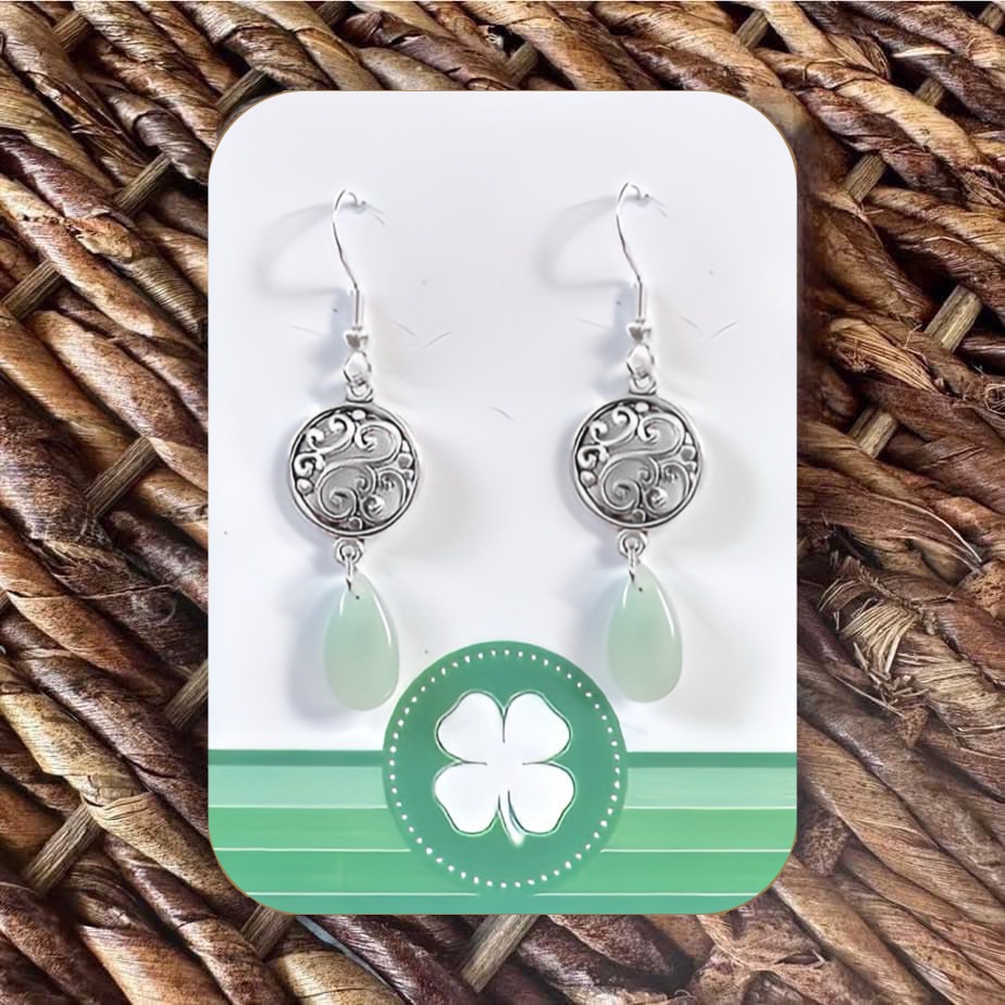 New Handmade Beautiful Ornate Silver-Tone And Green Dangle Earrings (Version 3)